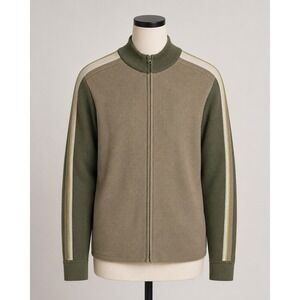 Joe Boxer Full Zip Sweater Mens Large Green Tan Stripe Colorblock Cotton Knit